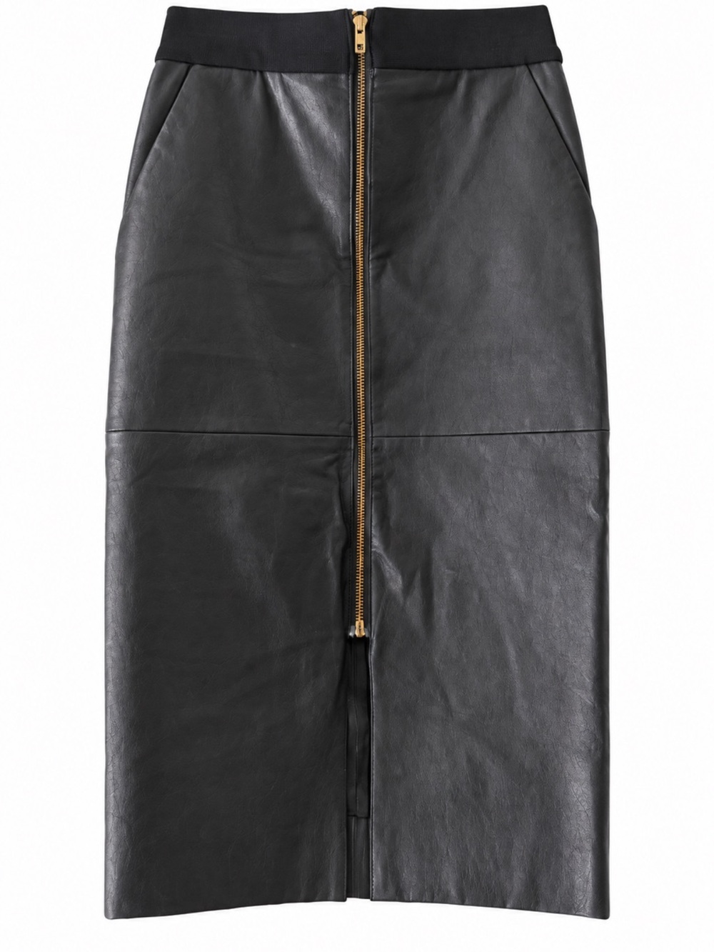 A.L.C. Black Faux Leather Zip-Front Pencil Skirt with Gold Zip